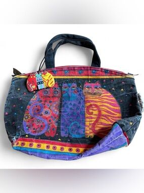 Laurel Burch Cat Print Bag Colorful Zip Top Purse